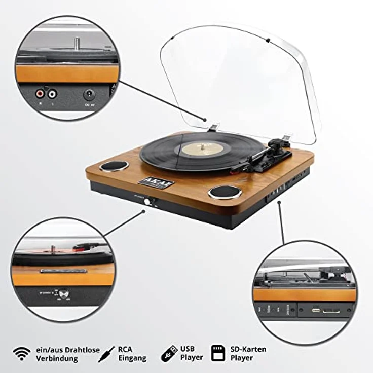 Akai Professional Gramophonas Akai ATT-11BTN Retro (Manuell), Plattenspieler, Braun, Schwarz, Transparent – Bild 5