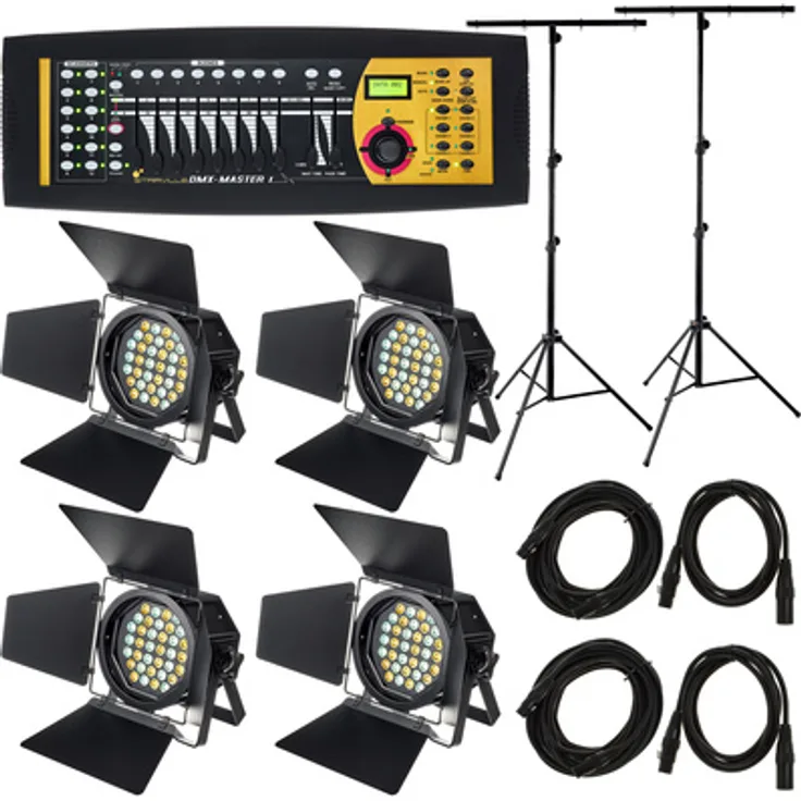 Stairville Octagon Theater Starter Bundle, 4x CW/WW 36x1W Scheinwerfer, DMX-Master I, mit 2 Stageworx LST-310 Pro Ständern und 4 Pro Snake Kabeln