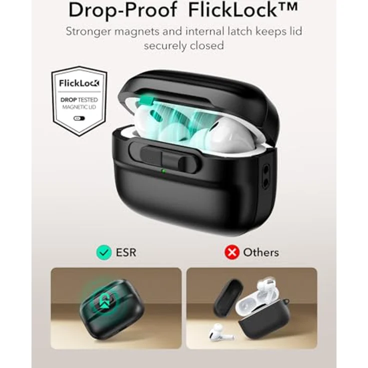 ESR AirPods Pro Hülle Pulse Serie mit HaloLock, MagSafe Ready, Magnetische Deckelverriegelung, Sturzschutz mit Trageband, Schwarz – Bild 4