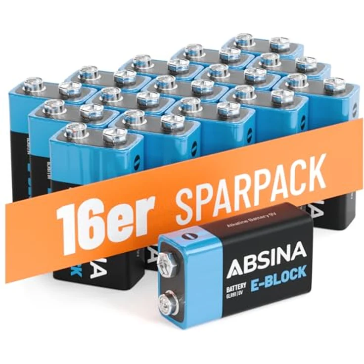 ABSINA 9V Blockbatterie für Rauchmelder, Alkaline, langlebig und auslaufsicher, 16er Pack – Bild 1