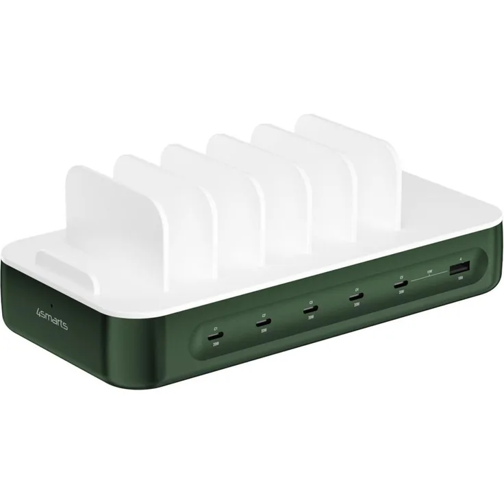 4smarts Ladestation Team 100W, 6-fach Ladestation mit 5 USB-C und 1 USB-A Anschluss, Schnellladung bis 20W, inkl. 6 Kabel, Grün