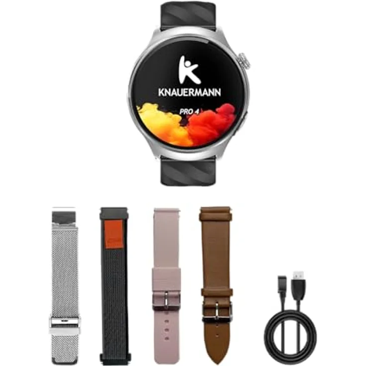 Knauermann PRO 4 (2026) Smartwatch, 47 mm mit Anruf- und SOS-Funktion, Silber, 30 Tage Akkulaufzeit, 75 Sportarten, Gesundheitsmonitoring
