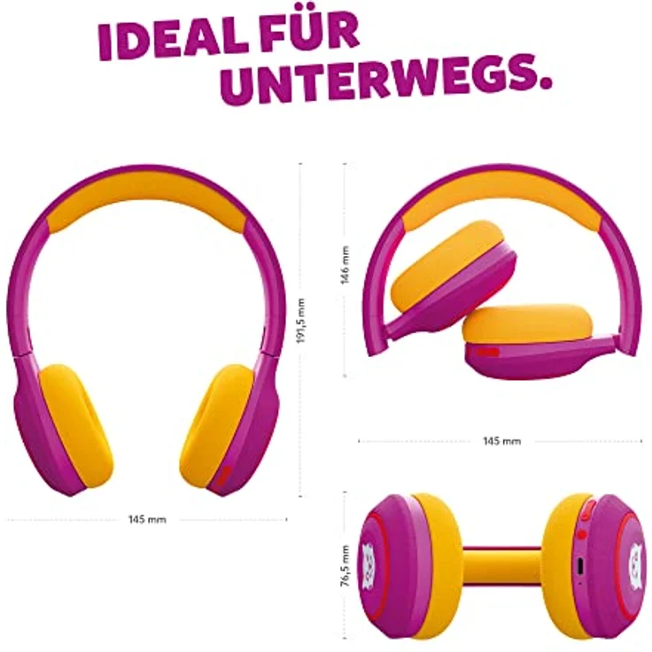 tigermedia tigerbuddies Kinderkopfhörer pink rosa on-Ear Bluethooth Lautstärkebegrenzung 85 dB kabellos faltbar in Premium-Qualität, 145x191.5x76.5mm – Bild 4