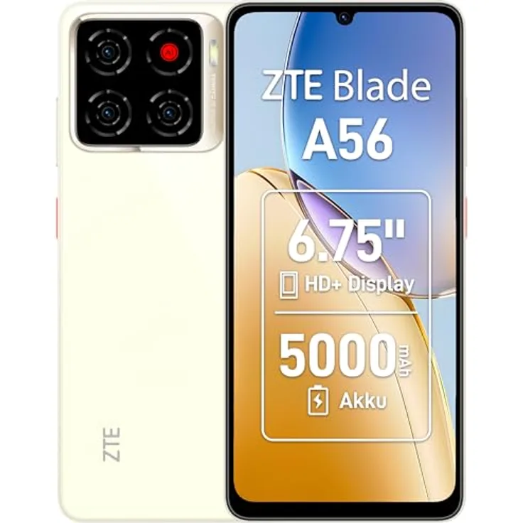 ZTE Blade A56 Smartphone, 6,75" HD+ Display (90 Hz), 4GB RAM, 64GB Speicher, 13MP KI-Kamera, Dual SIM, Android 13, Gold (2025 Modell)