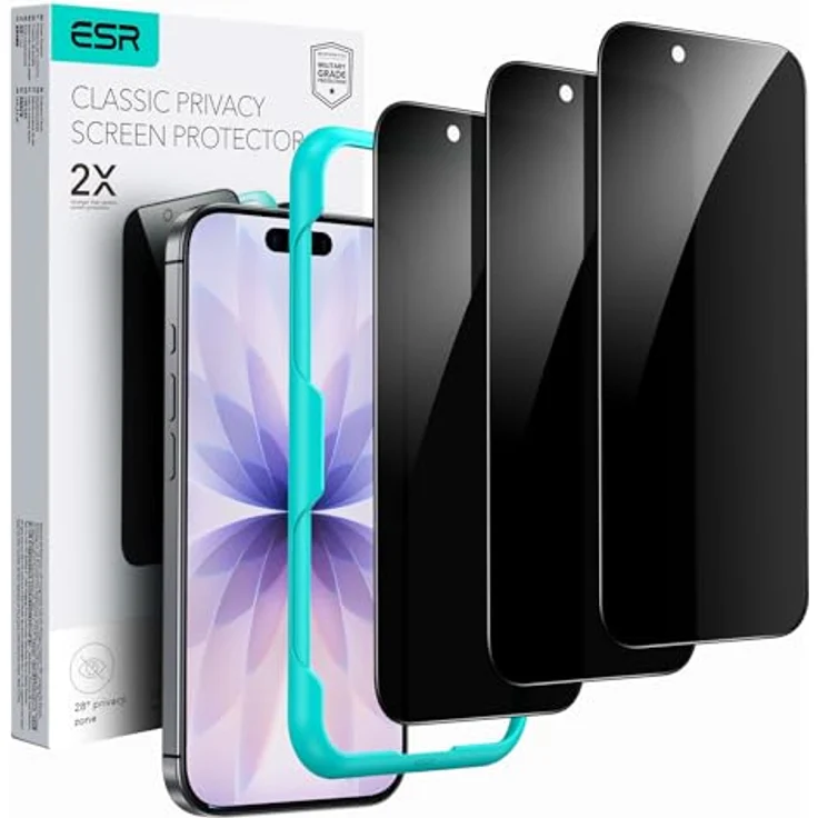 ESR Panzerglas Sichtschutz für iPhone 17 und iPhone 16 Pro, Displayschutzfolie 3 Stück mit 9H Härte, Face ID Unterstützung und einfacher Anbringung – Bild 1