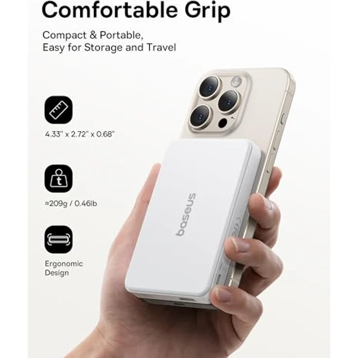 Baseus Airpow II Powerbank 10000 mAh, Qi2 mit MagSafe 22,5 W, inkl. USB-C-Kabel 20 V/3 A, Weiß – Bild 2