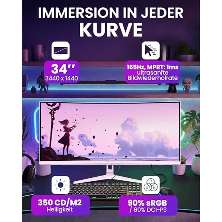 Arozzi Nova 34" Curved Gaming Monitor, VA 165Hz Ultrawide QHD 1440p, HDR10, flimmerfrei, 90% sRGB, rosa – Bild 2