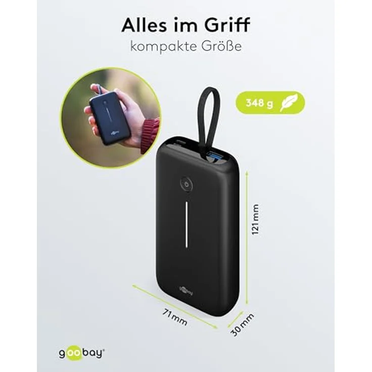 goobay Powerbank 20.000 mAh, 30 Watt mit integriertem USB-C Kabel, Quick Charge/Power Delivery, USB-C und USB-A, kompatibel mit Samsung, Xiaomi, Lenovo, Huawei, Apple iPhone und iPad / 76252 – Bild 4