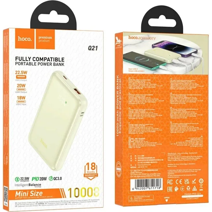 Hoco Powerbank 10.000 mAh PD QC3.0 3A 22.5W Q21 Weiß 1x USB-A, 1x USB-C, schnelles Aufladen, digital LED-Anzeige