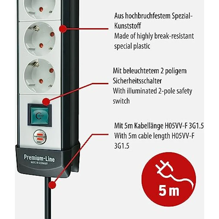 Brennenstuhl Premium-Line, Steckdosenleiste 4-fach (Steckerleiste mit Schalter und 5m Kabel - 45° Anordnung der Steckdosen, Made in Germany) schwarz-grau – Bild 3