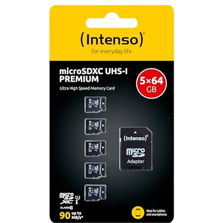 Intenso Premium microSDXC Speicherkarte 5er Pack, 64GB Class 10 UHS-I, Lesegeschwindigkeit bis 90 MB/s, wasserfest, schwarz, inkl. SD-Adapter – Bild 2