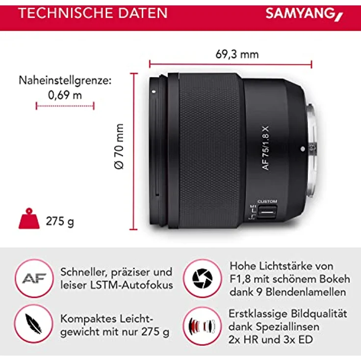 Samyang AF 75mm F1.8 für Fuji X - leichtes & kompaktes Portrait-Objektiv mit LSTM-AF, Wetterschutz & Custom Switch für hochwertige Reiseaufnahmen & Nachtbilder, für Fuji X Kameras X-T4 X-T30 X-Pro 3 – Bild 2