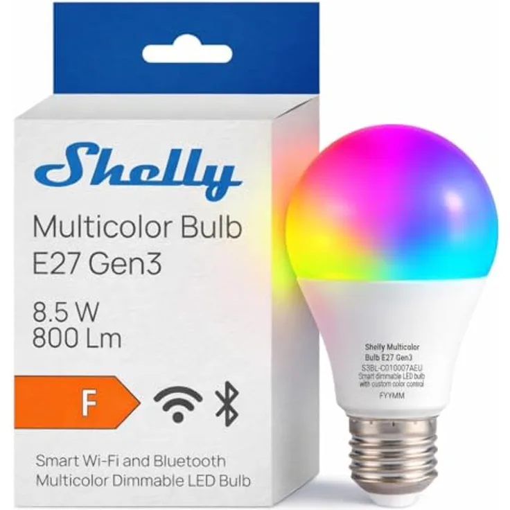 Shelly Multicolor Bulb E27 Gen3, WLAN Smart LED Glühbirne mit RGBW, 9W, 800lm, 16 Millionen Farben, dimmbar, Sicherheitsmodus, Sprachsteuerung, kein Hub erforderlich