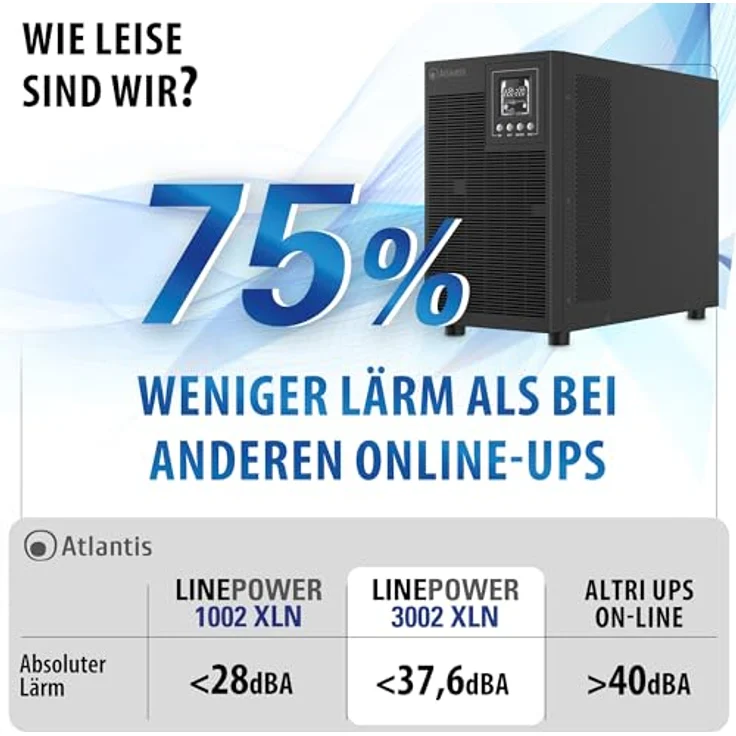 Atlantis A03-OP3002XLN, USV mit 3000 VA, 2100 W, Online-Doppelwandler, reine Sinuswelle, Tower-Ausführung, 4 IEC-Steckdosen, USB, RS232, 12 V – 9 Ah, extrem leise mit 31,3 dBA – Bild 5