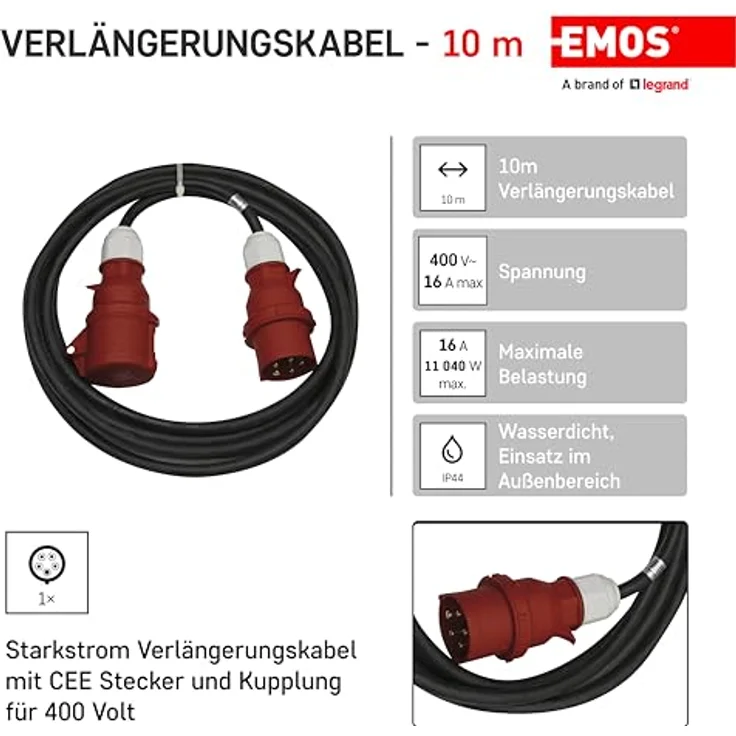 EMOS CEE-Verlängerungskabel 10m - 5-polig Stecker - wasserdicht, temperaturbeständig - 400 V, 16 A, 3680 W - Gummi-Isolierung - schwarz – Bild 2