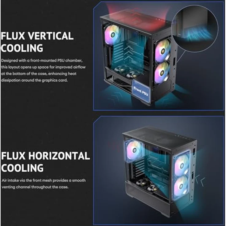 Antec FLUX Rear Midi Tower PC Gehäuse, ATX/Micro-ATX/ITX, schwarz, mit RGB-Beleuchtung und verbessertem Kabelmanagement – Bild 6