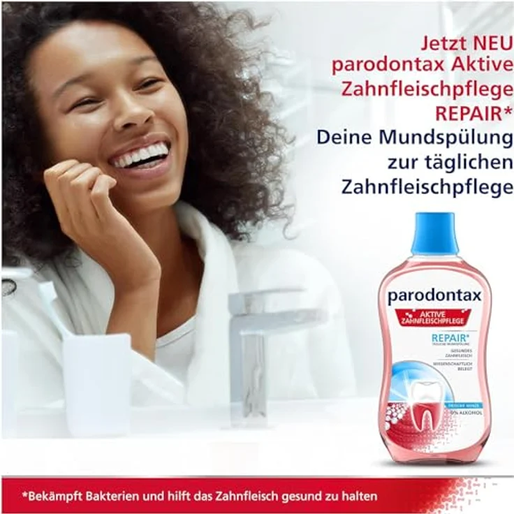 Parodontax Mundspülung Aktive Zahnfleischpflege- Repair*, 300ml mit frischem Minzgeschmack, alkoholfrei - Parodontax Mundspülung zur Zahnfleischpflege mit neuer Formulierung, Stärkung des Zahnschmelzes, Plaque-Entfernung und Fluorid-Kariesschutz, Minzgeschmack, 300ml – Bild 2