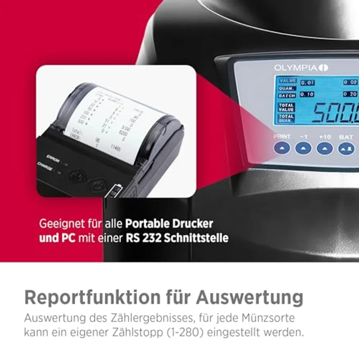 Olympia CC202, Münzzähler und Münzsortiergerät mit Zählgeschwindigkeit von 200 Münzen/Min, für Euro-Münzen, RS232-Anschluss – Bild 6