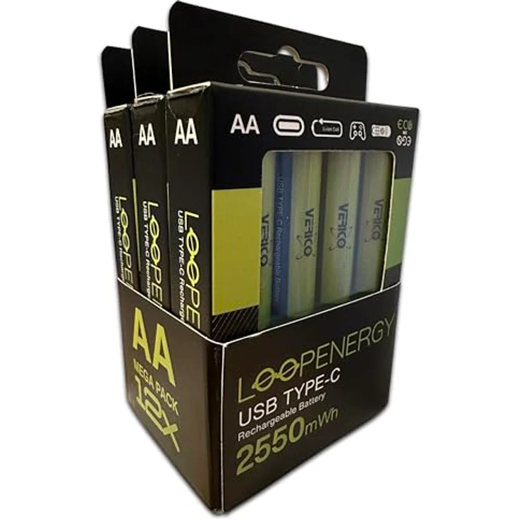 VERICO LoopEnergy AA 2550 Wiederaufladbare USB-C Batterie 12er Pack - Schnellladung in 2 Stunden - Mit 3x USB-A auf 4x USB-C Kabeln – Bild 4