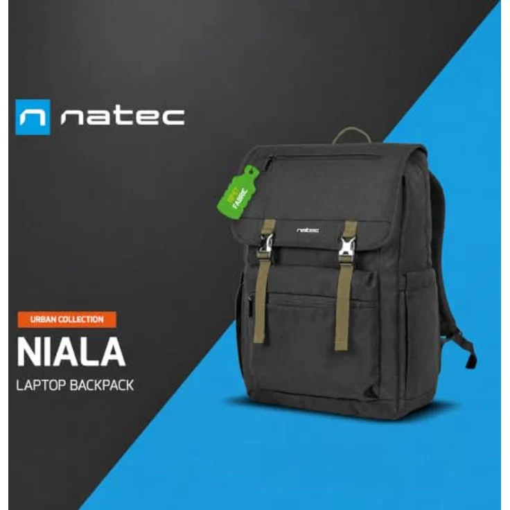 Natec Niala Laptop Rucksack 15,6 Zoll, 18 L, urbaner Rucksack aus 100% recyceltem Polyester, spritzwassergeschützt, Schwarz-Grün – Bild 5
