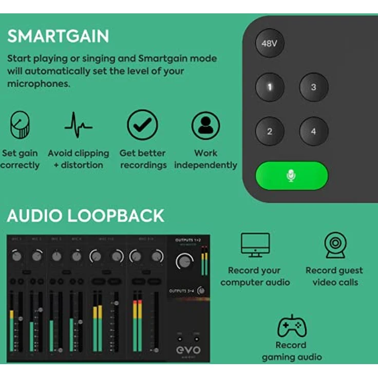 EVO 8 USB Audio Interface externe Soundkarte für Musikproduktionen (4 in / 4 out, Smartgain, Smart Touchpoints, Loopback Funktion, 48V Phantomspeisung, 4 Mikrofonvorverstärker, Windows / Mac / iOS) – Bild 3
