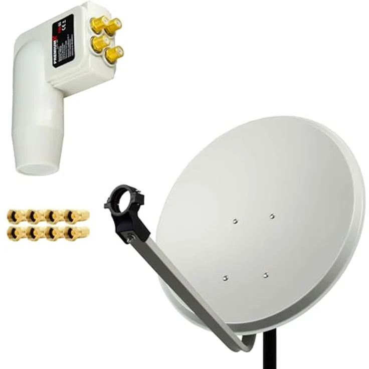 PremiumX Satellitenschüssel PXS60, 60cm hellgraue Antenne mit Quad LNB für Empfang von bis zu 4 Satelliten und 8x F-Steckern – Bild 1