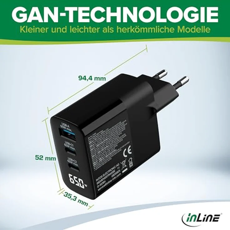 InLine USB-Ladegerät 3-Port GaN 65W mit digitalem Display und Schnellladefunktion für iPhone/Pro/Mini, Samsung und mehr – Bild 4
