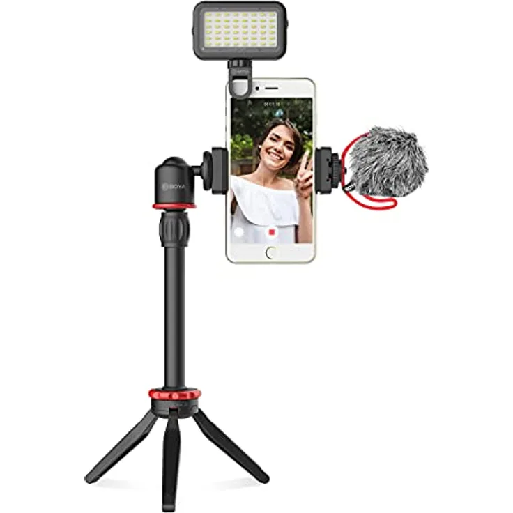 BOYA Walimex pro Smartphone Video Kit VG350 I Video Stabilisator I Video Rig mit Mikrofon, Mini LED Licht, Dreibein Stativ, universellem Smartphone-Halter und Fell-Windschutz I mobiles Vlogging Kit