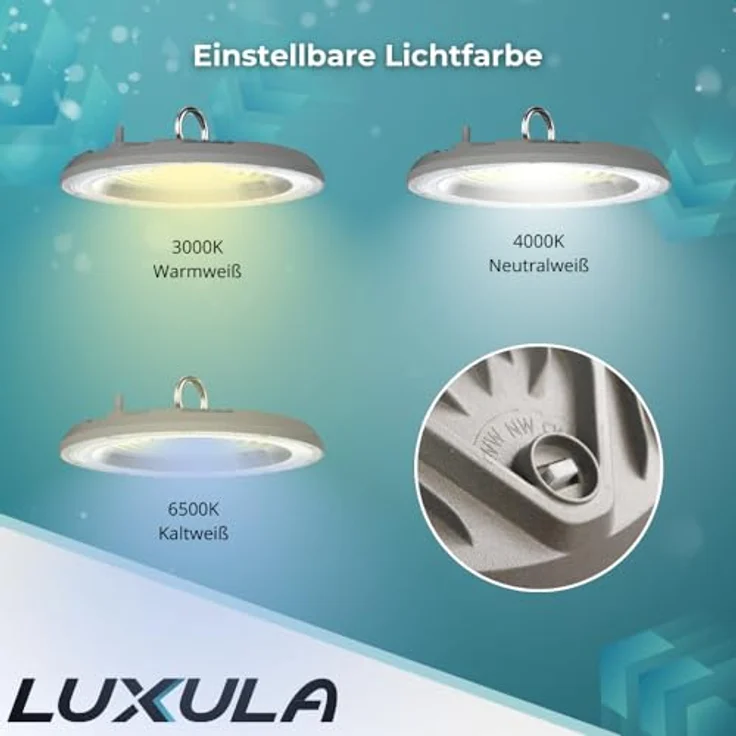 LUXULA Hallenstrahler LED Hallenleuchte 200W, 20000lm, Lichtfarbe einstellbar 3000K, 4000K, 6500K - IP65 IK08 - UFO Lampe High Bay Hallentiefstrahler, flexibel einsetzbar, wasserfest, robust - in verschiedenen Lichtfarben erhältlich – Bild 5