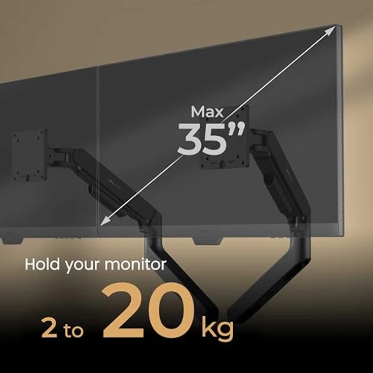 BenQ BDH01 Dual-Monitorarm für 2×35" / 20 kg, höhenverstellbar, stabil, Gasfeder, VESA 75x75 / 100x100, Klemmen- oder Schraubbefestigung – Bild 2