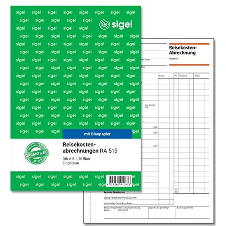Sigel Formularblock Reisekostenabrechnung A5 hoch, 50 Blatt mit Abheftlochung und Microperforation, inkl. Blaupapier und Erläuterungsblatt – Bild 1