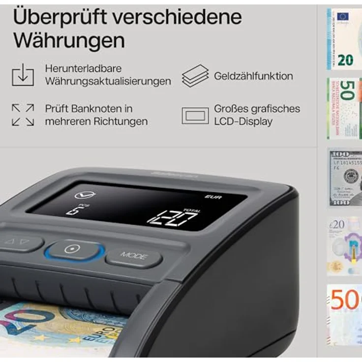 Safescan 155-S Complete, automatischer Geldscheinprüfer mit 7-facher Echtheitsprüfung, inkl. Akku und Banknotenstapler – Bild 3