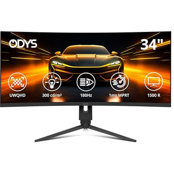 Odys Gaming Monitor XP34 PRO-X - 34 Zoll (86 cm), Curved (1500R), 180 Hz, UWQHD (3.440x1.440 px), 1 ms Reaktionszeit (MPRT), HDR, FreeSync/G-Sync komp., Eye Care, HDMI, DP, 3,5mm Audio – Bild 1