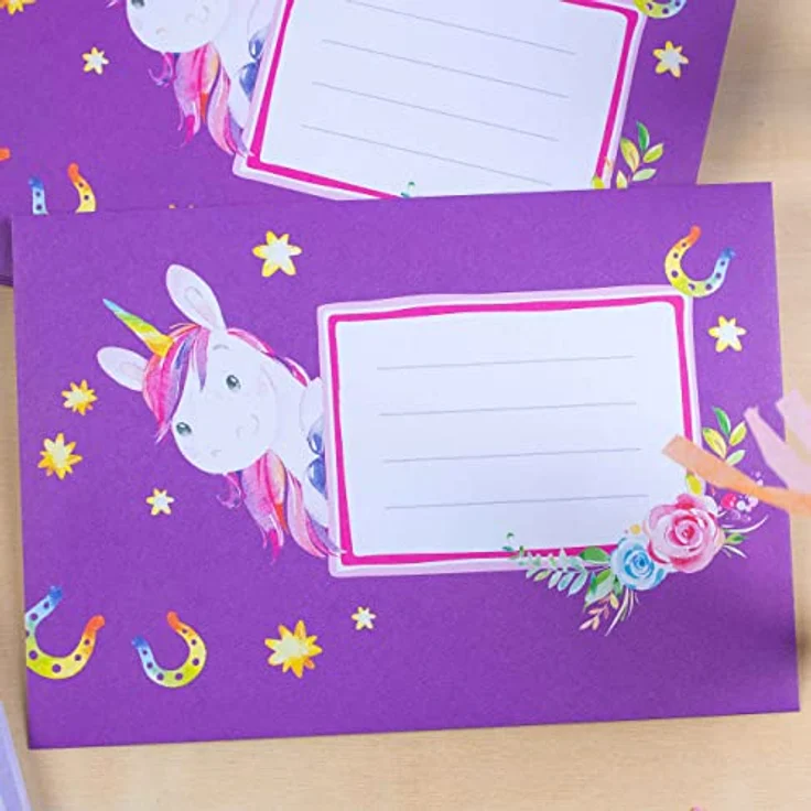 Papierdrachen Briefblock Set - 50 bunt bedruckte Briefbögen - Briefpapier mit Stickerbogen - 20 bedruckte Umschläge - Geschenkidee für Kinder - Einhorn – Bild 5