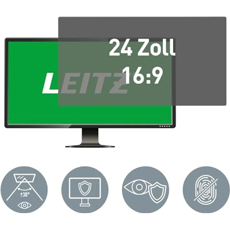 Leitz Monitor Blickschutzfilter 24 Zoll (16:9), Abnehmbare Schutzfolie mit Blaulichtfilter und Blendschutz, Beidseitig verwendbar, Touchscreen kompatibel, Made in Germany, 69020000 – Bild 2