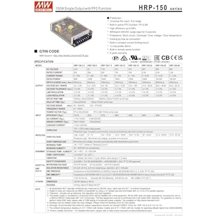 Mean Well HRP-150-7.5, 150 W Einzelausgangsnetzteil mit aktiver PFC, 7.5 V/20 A, flaches Profil 1U, hoher Wirkungsgrad bis 89 % – Bild 2