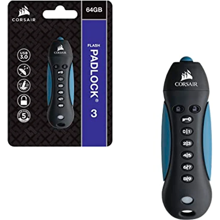 Corsair Flash Padlock 3, 128 GB Sicherer USB-3.0-Speicherstick mit Tastenfeld (256-Bit-AES-Hardwareverschlüsselung, anpassbare Ziffernidentifikation zum Sperren), Schwarz-Blau – Bild 6