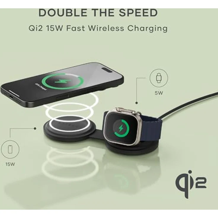 Satechi OntheGo 2-in-1 Wireless Charger, kompaktes Ladegerät mit Qi2 (15 W) für iPhone und Apple Watch, schwarz – Bild 3