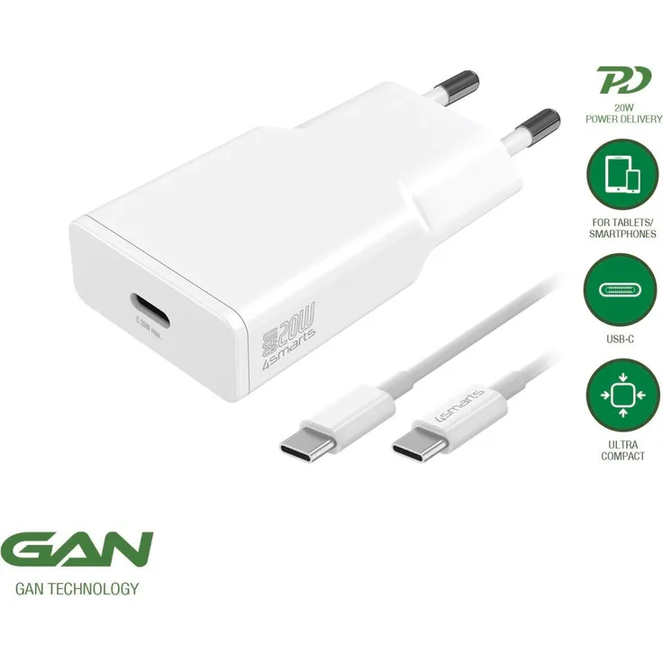 4Smarts PDPlug Slim, 20W GaN USB-C Schnellladegerät mit 1,5m USB-C Kabel, weiß