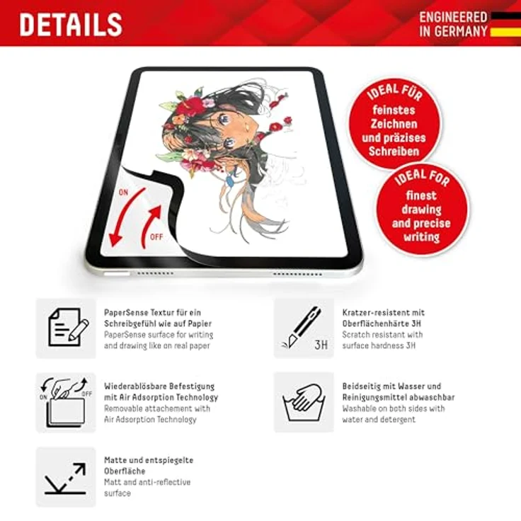 Displex TABLET PAPERSENSE für iPad 10,9'' (10. Gen.), wiederablösbare Schreibfolie und Zeichenfolie mit Paper Feeling für ein Schreibgefühl wie auf Papier, inkl. Filz-Schutzhülle – Bild 2