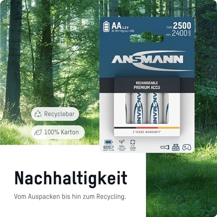ANSMANN Akku AA Mignon 2500mAh 1,2V NiMH - wiederaufladbare Batterien AA Akkus maxE (geringe Selbstentladung & vorgeladen) ideal für Spielzeug, Funk-Tastatur-Maus, Wii & Xbox Controller (2 Stück) – Bild 4