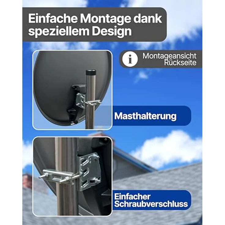 SCHWAIGER Satellitenschüssel Komplettset Ø 60 cm, Stahl Offset Antenne in Hellgrau, inkl. sonnengeschütztem Twin LNB, HD & 4K Empfang, hitzebeständig & wetterfest – Bild 4