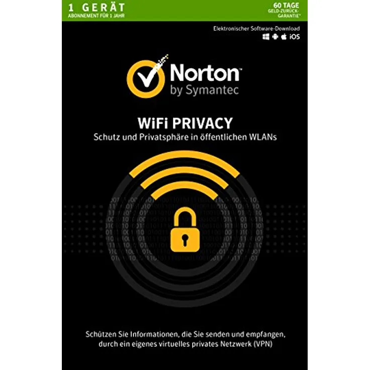 Symantec Norton Wi-Fi Privacy | 1 Gerät | PC/Mac/Android | Aktivierungscode in Standardverpackung, Hochgradige Verschlüsselung, Anonymes Browsen, No-Log Politik, Unbeschränkte Bandbreite, Vertrauenswürdiger Proxy-Netzwerk-Anbieter