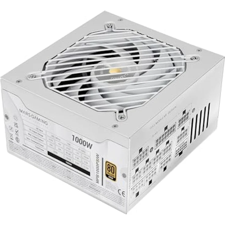 MARS GAMING MPB1000PSI, Vollmodulares ATX-Netzteil 1000W, 80Plus Gold 90%, 10 Jahre Garantie, 140mm SI-Lüfter, Weiß – Bild 1