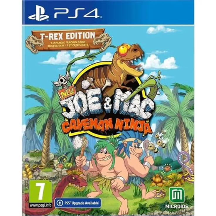 MICROÏDS New Joe & Mac: Caveman Ninja - T-Rex Edition (PS4), inkl. 2 Stickerbögen, 3D-Schlüsselanhänger und Sammelkarten, Arcade- und erweiterter Modus