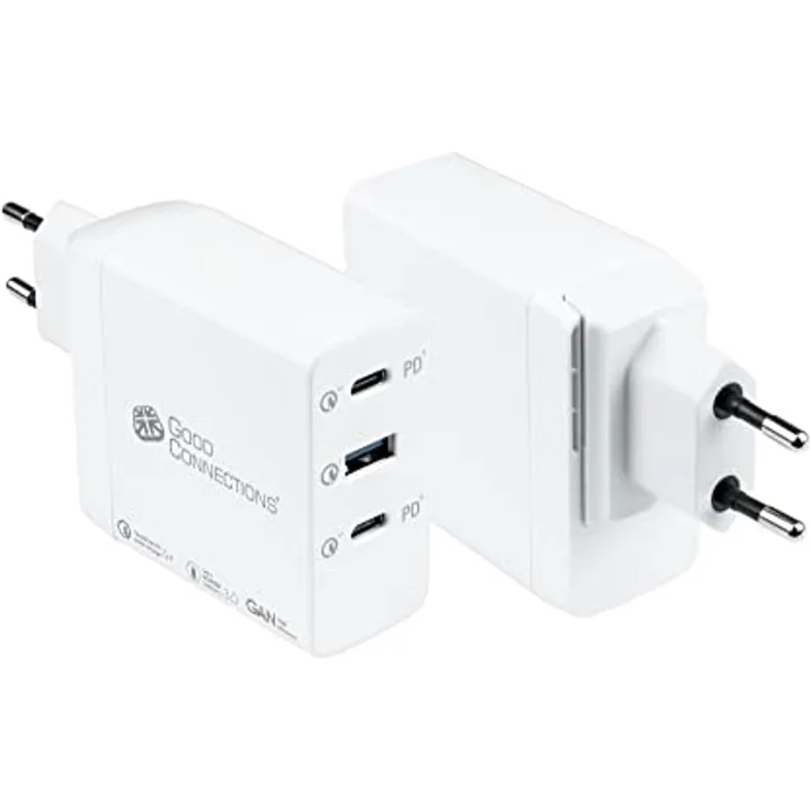 Good Connections USB-Schnellladegerät 100W mit GaN-Technologie - 3-Port - 2X USB-C max. je 100W und 1x USB-A max. 18W, total max. 100W - PD 3.0, QC 4+ - Für Smartphone, Notebook, Tablet u.v.m. - weiß