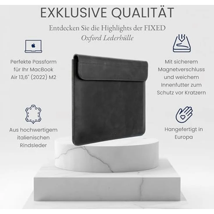 FIXED Oxford Lederhülle 13,6 Zoll für MacBook Air (2022) M2/M3, iPad und andere Geräte: Handgefertigte Laptoptasche aus italienischem Rindsleder, Hülle mit Magnetverschluss, Schwarz – Bild 2