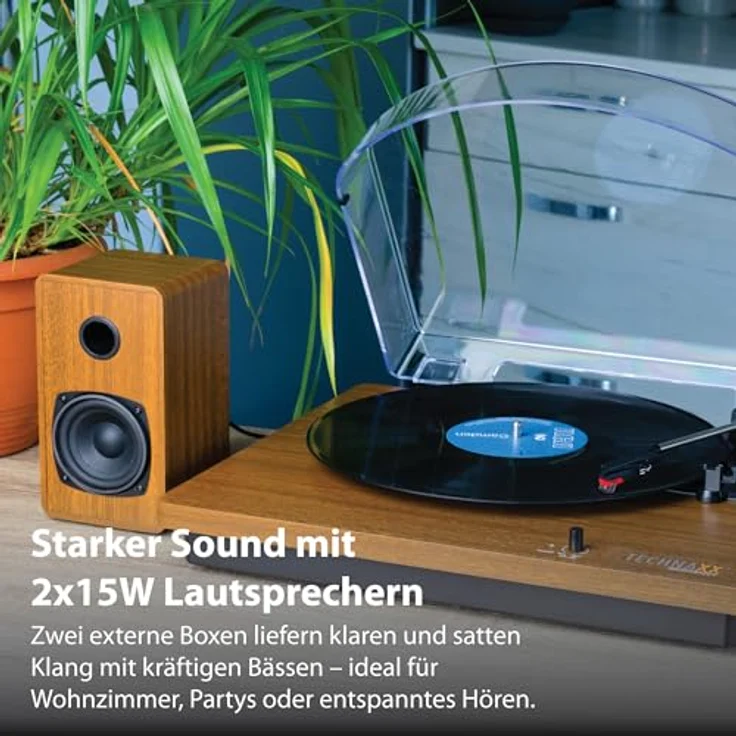 Technaxx TX-188, Bluetooth Plattenspieler mit 3 Geschwindigkeiten, Stereo-Lautsprechern, USB-Digitalisierung, RCA-Ausgang und AUX-IN, Retro-Design – Bild 3