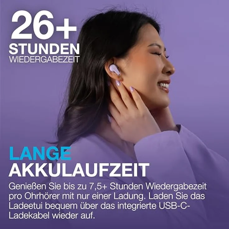 JLab Go Pods ANC, In-Ear Bluetooth Kopfhörer TWS mit 26 h Laufzeit, IP55, lila – Bild 5