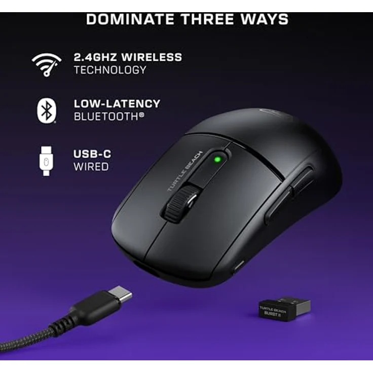 Turtle Beach Burst II Air – Kabellose 2,4-GHz-Gaming-Maus, ultraleichte 47 g, Optical Switches, symmetrisch, optischer Sensor, 26k DPI, Bluetooth, bis zu 120h Akkulaufzeit, Schwarz – Bild 4
